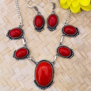 925 Red Coral Silver Necklace & Earring Set 18 "